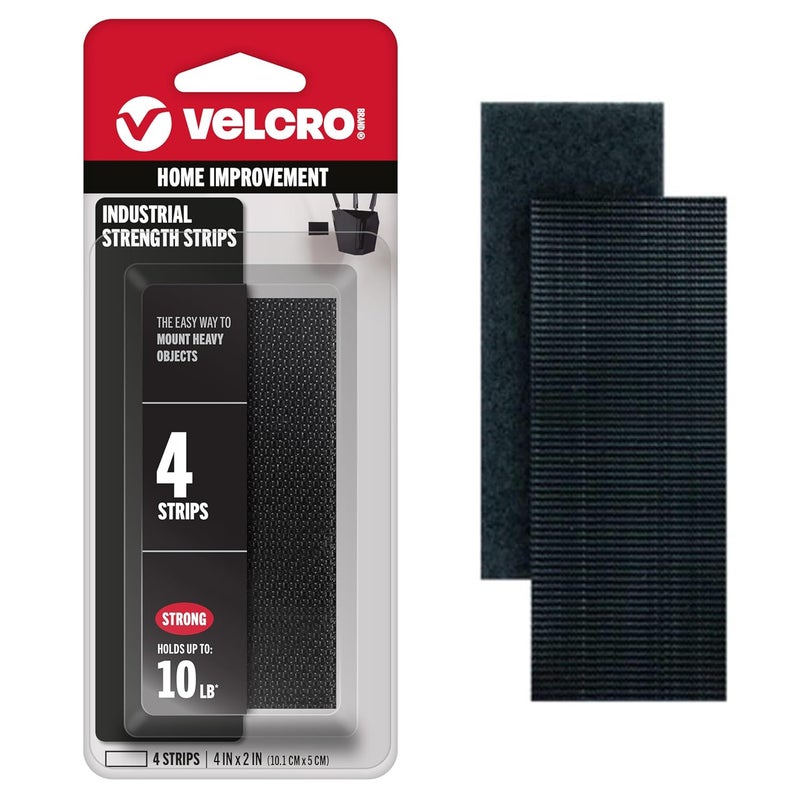 Velcro مشابك ثقيلة التحمل من العلامة التجارية | شرائط 4x2 بوصة 4 مجموعات | تحمل 10 أرطال | لاصق ذاتي الالتصاق | قوة صناعية سوداء | للاستخدام الداخلي أو الخارجي، 90209 - Image 1